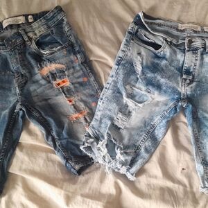 Source Unknown Boys Blue Distressed Denim Shorts with Orange Paint Detail